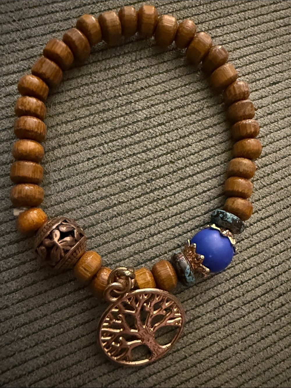 Tree of Life Brown Wood Bead Bracelet with Blue Accent